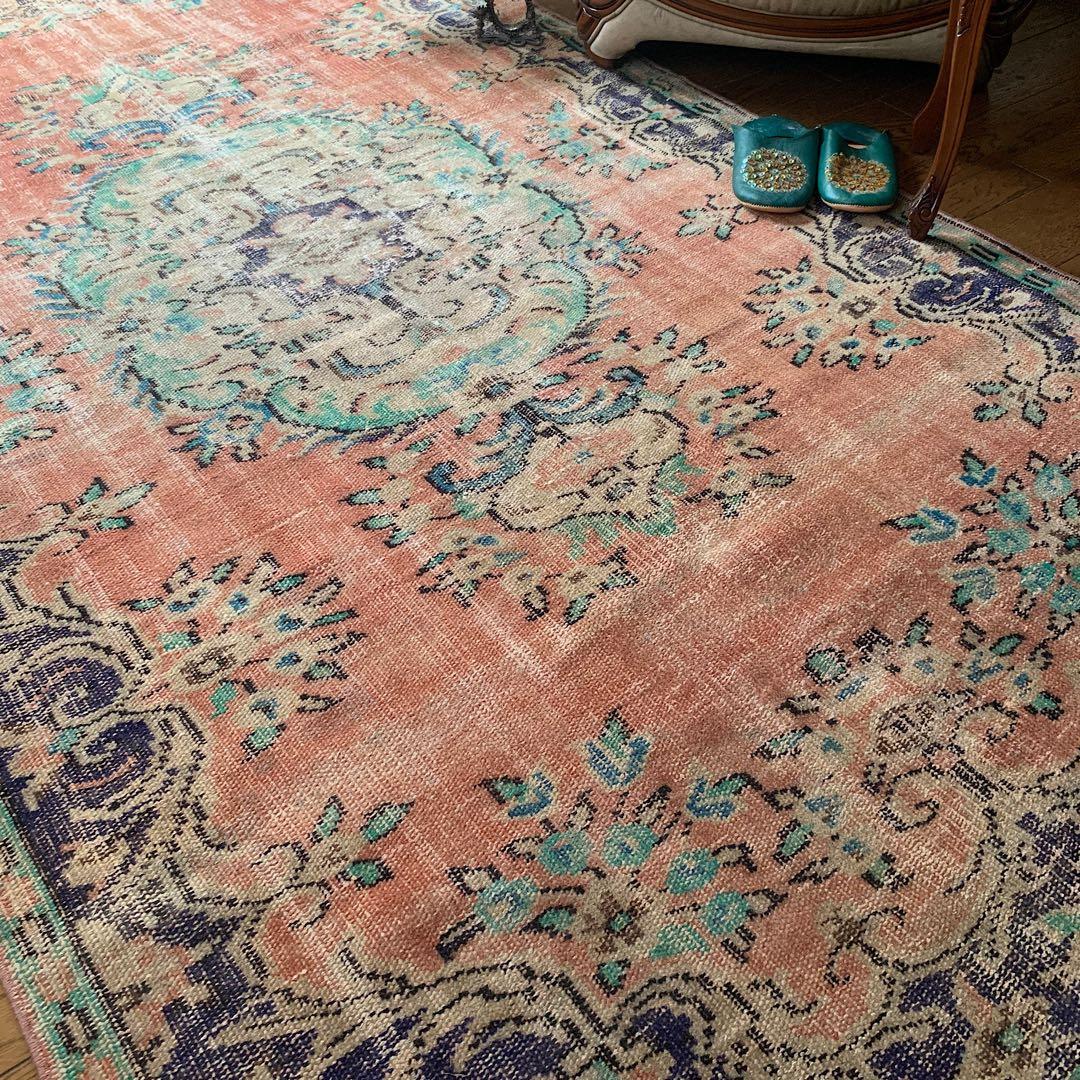超大判　コーラルピンク244×132 インディゴブルー　トルコヴィンテージラグ
