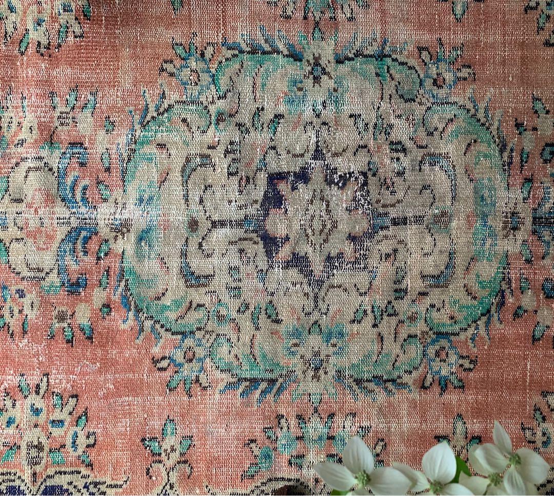 超大判　コーラルピンク244×132 インディゴブルー　トルコヴィンテージラグ