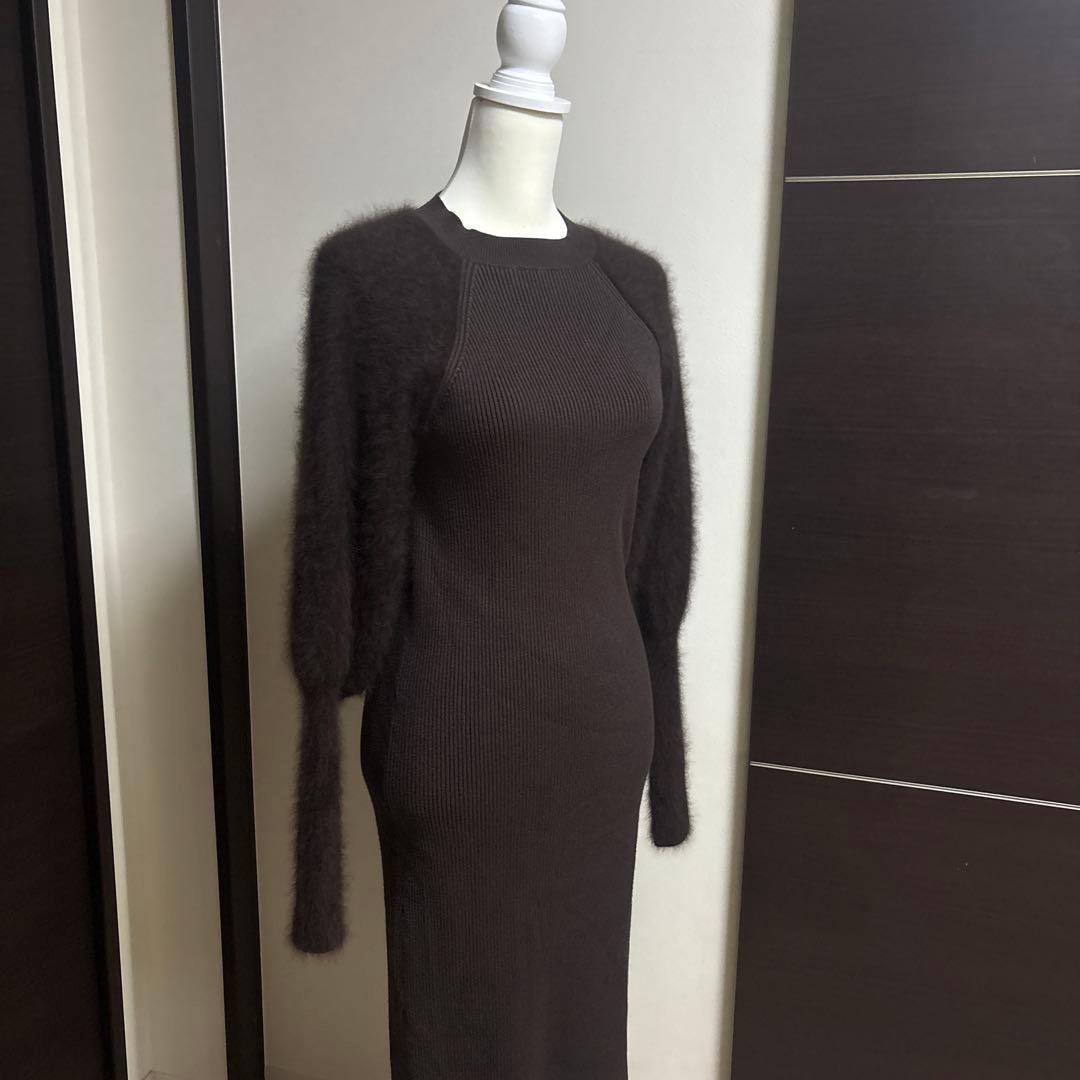 【anuans】ブラウン リブ編み モヘアロングワンピース