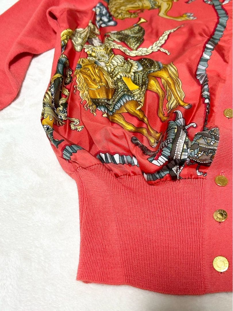 ★美品★エルメス　カーディガン　スカーフ柄　カレ　シルク　金ボタン　セリエボタン