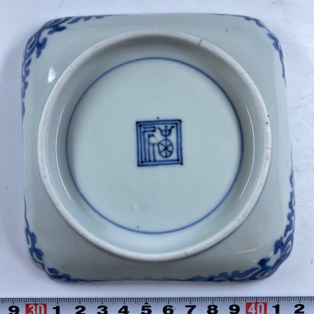 江戸中期　藍柿右衛門　龍図角皿　幅12.5㎝　タエチ　東な7-0215☆2F