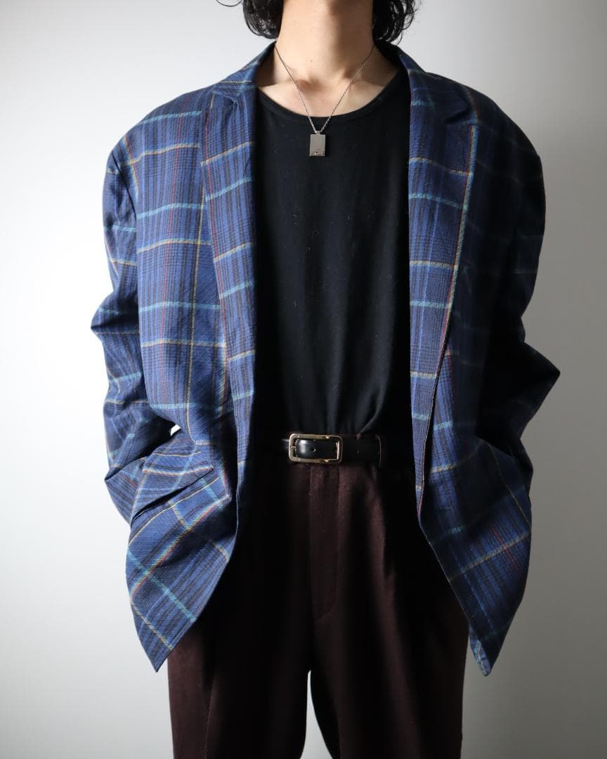 EURO vintage チェック柄 テーラードジャケット ブルー系 フランス製