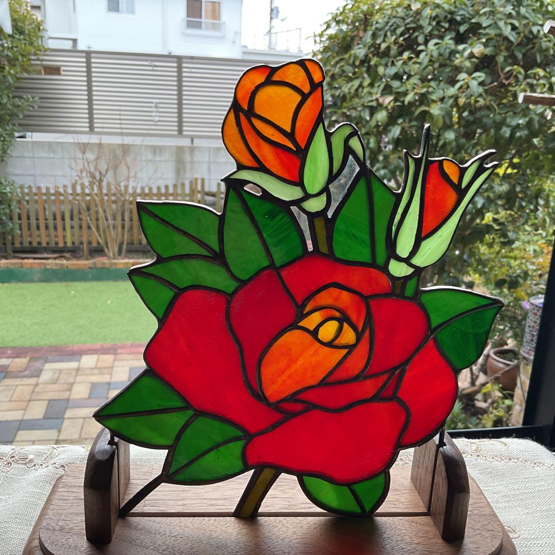 ステンドグラスパネル　バラ(レッド)