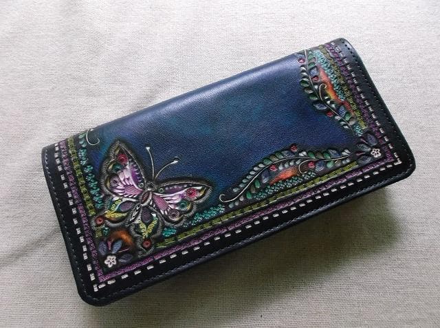 レザークラフト長財布（マチ付き）　蝶々