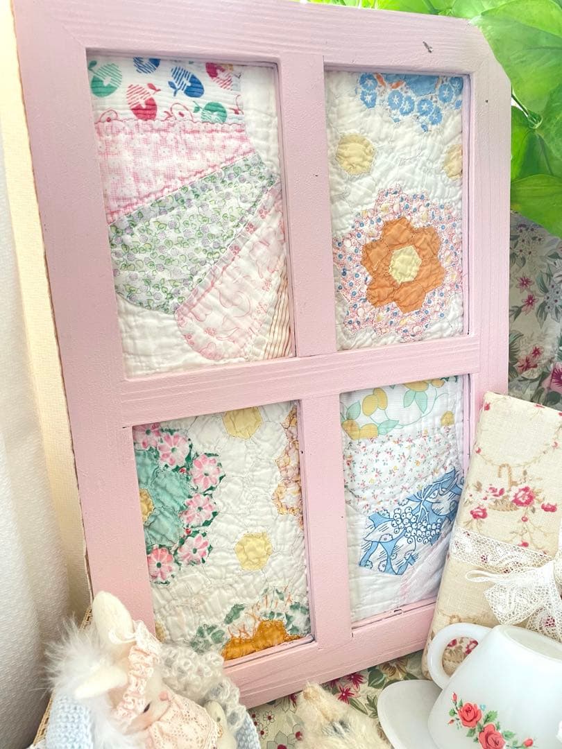 アンティークキルト 窓枠フレーム リバーシブル♡ピンク·͜· ♡