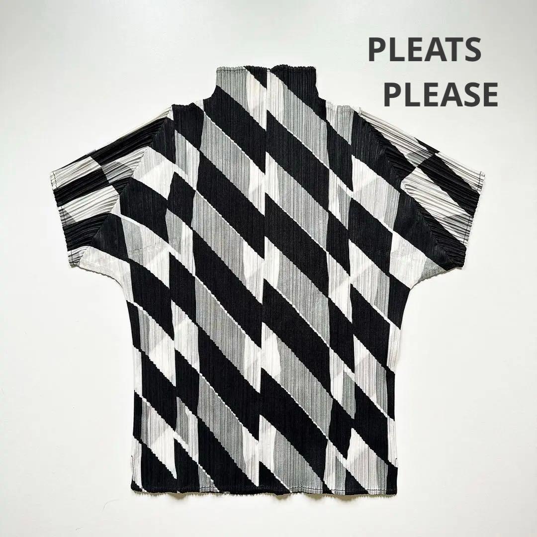 美品 プリーツプリーズ ブラウス プルオーバー 幾何学 モノトーン