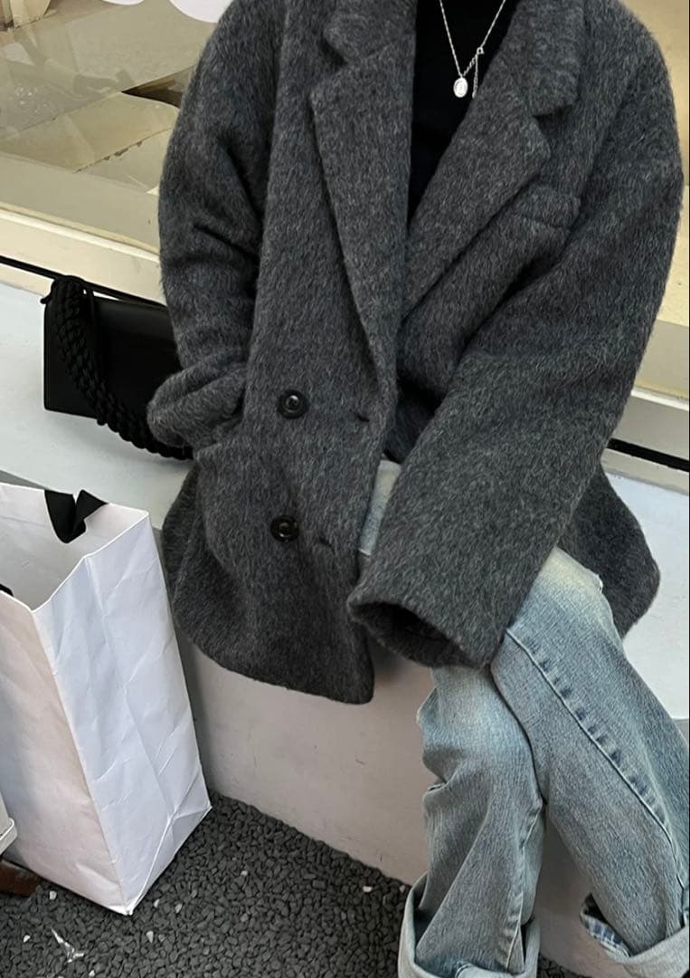 ミドル丈オーバーサイズシャギーコート♡チャコールグレー♡