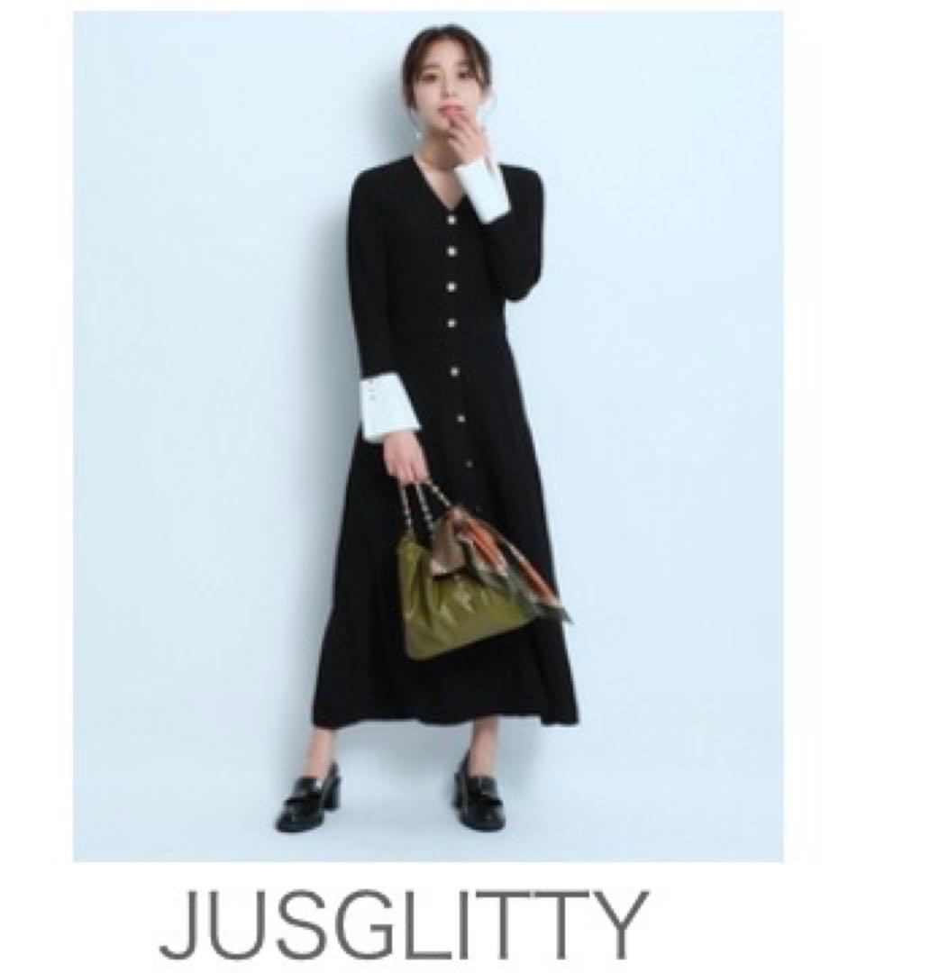 【限定】JUSGLITTY 袖カフス ニットワンピース 黒