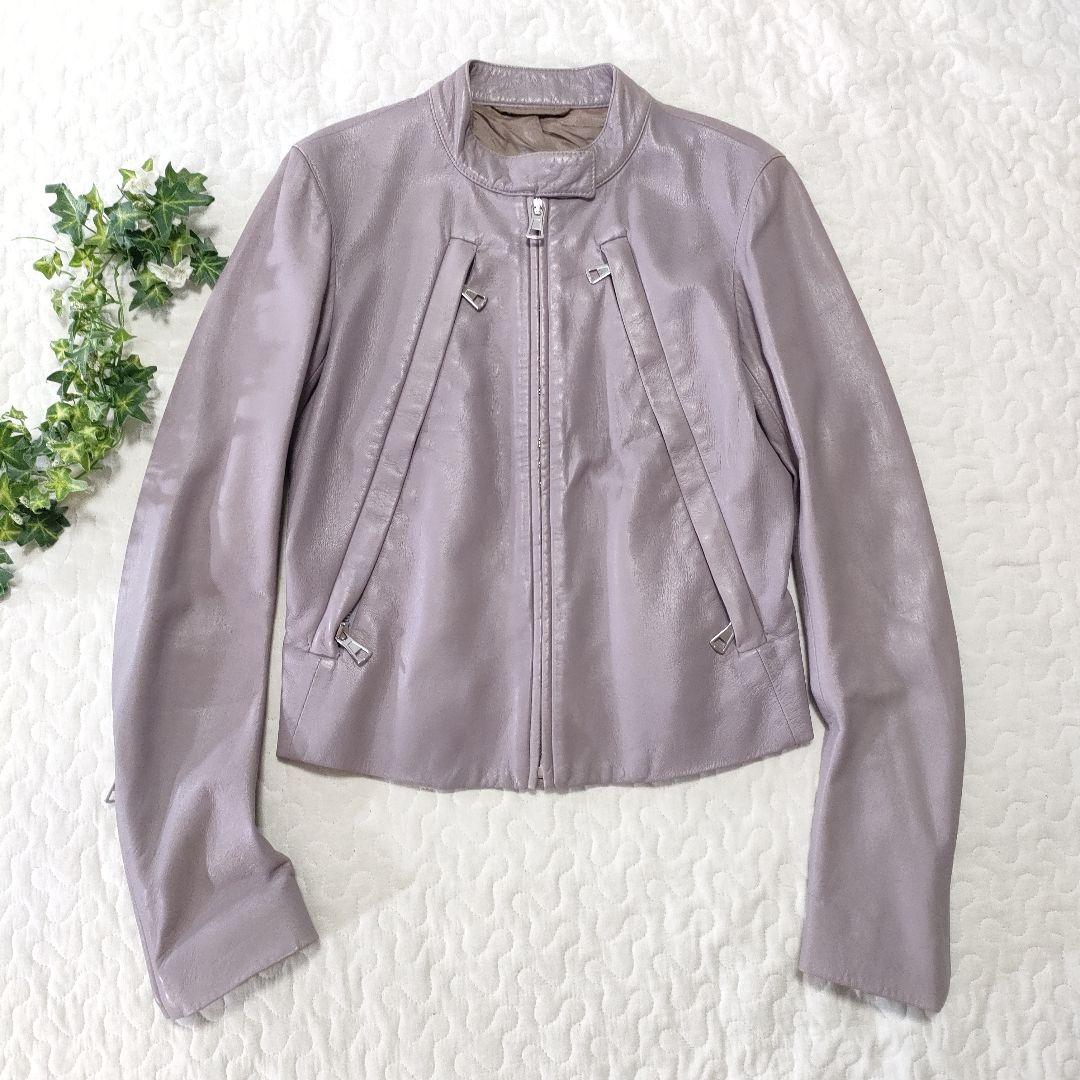 マルジェラ　ハの字レザージャケット　シングルライダース　パープル　羊革　42