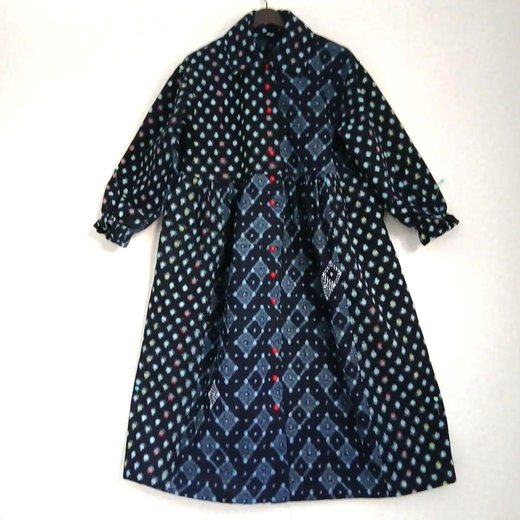 絣ロングワンピース(衿取り外しできる)(コート兼用)