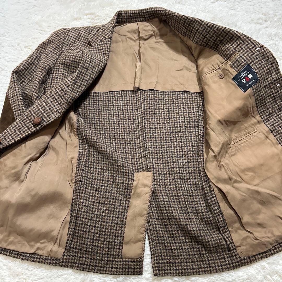 【美品】VAN JACKET テーラードジャケット チェック ブラウン エルボ