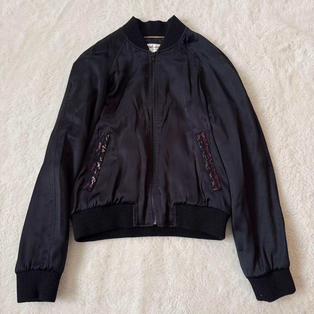 サンローラン　ビーズ刺繍ロゴ ボンバージャケット 黒　38