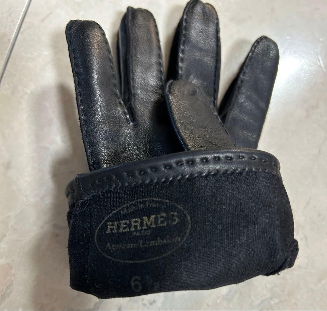 HERMES ブラック レザー手袋 レディース