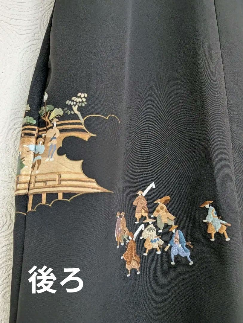 新品留袖ドレス着物リメイクワンピース正絹大名行列刺繍М〜LL結婚式日焼けあり値下