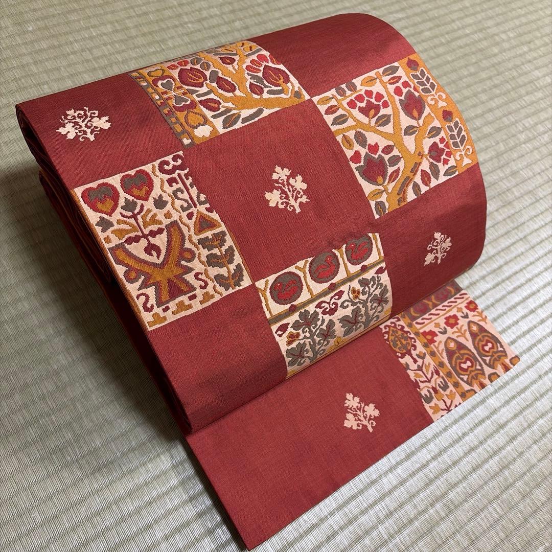 正絹　袋帯【木屋太】《市松模様　抽象花】