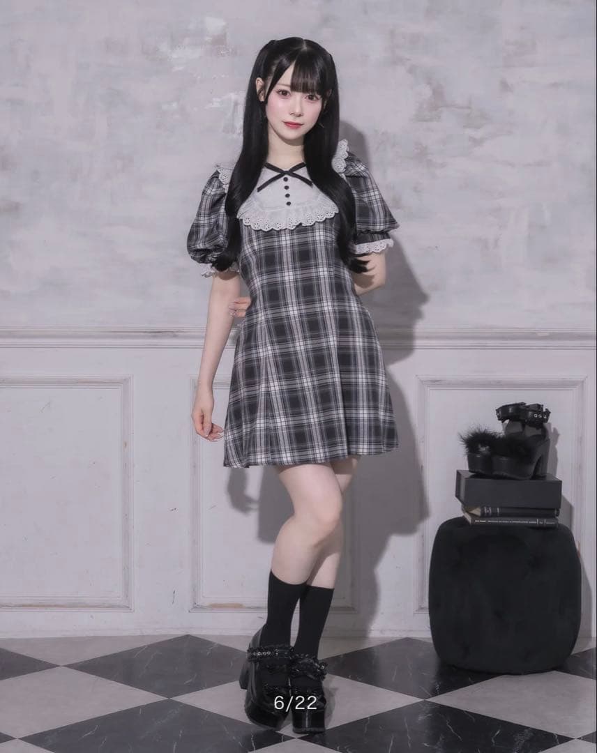 pium コットンレースドーリーカフェワンピ　ブラックチェック