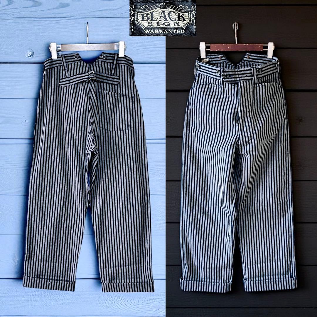 美品 BLACK SIGN ストライプワークパンツ バックシンチ 灰色×黒 32