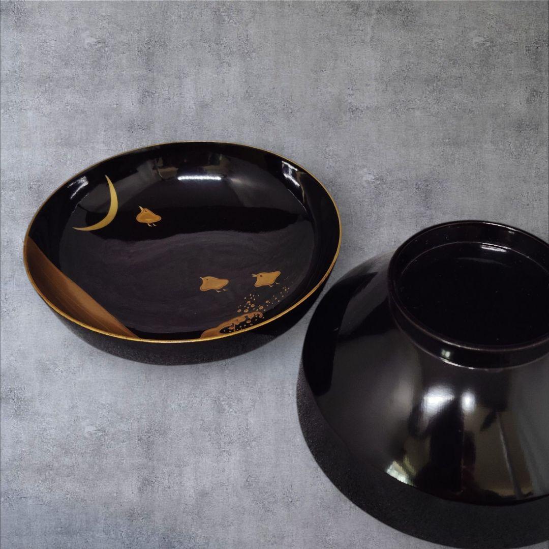 明治 骨董 輪島塗 木製 金蒔絵 波 千鳥 蓋付 吸物椀 アンティーク 元箱蓋無