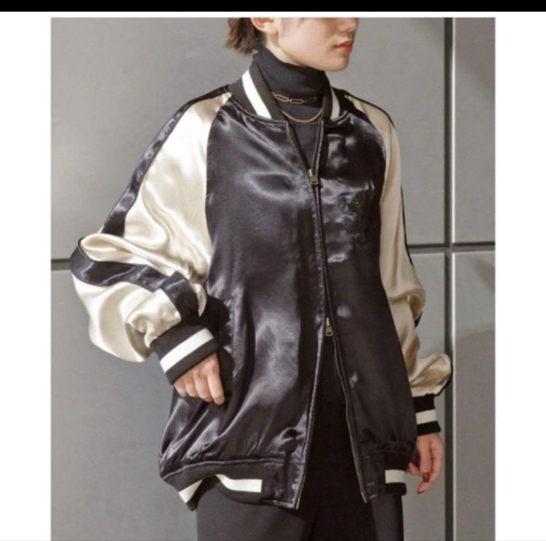 別注バイカラーサテンジャケット/ブラック　スカジャン