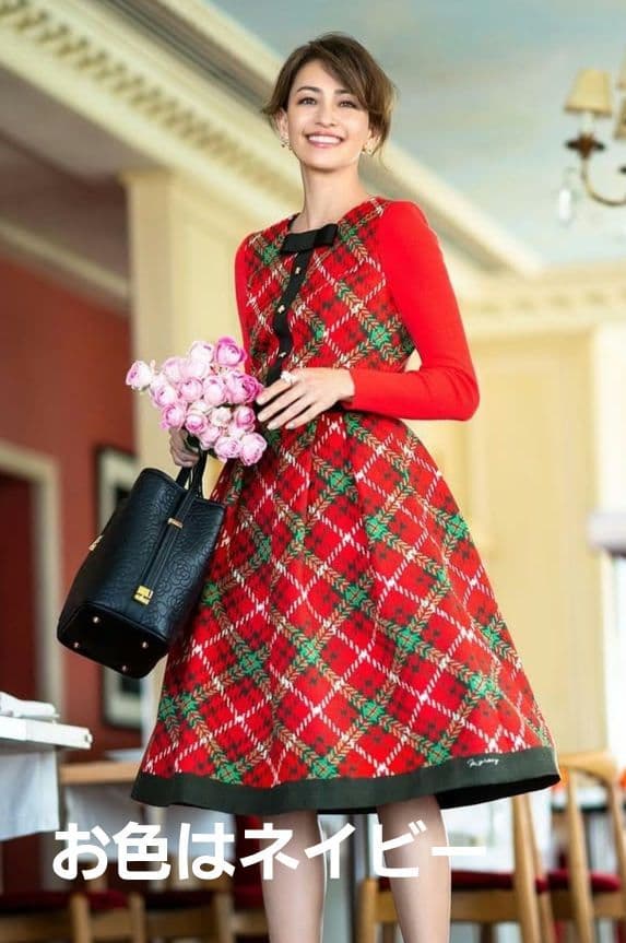 エムズグレイシー♡ワンピース 38　チェック柄　リボン　お花ボタン