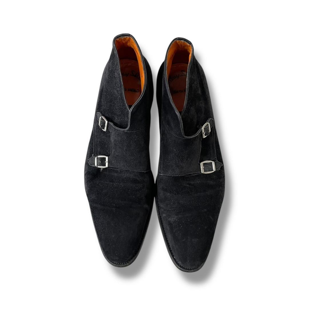 サントー二　スエード　ダブルモンク　ブラック　ビジネスシューズ
