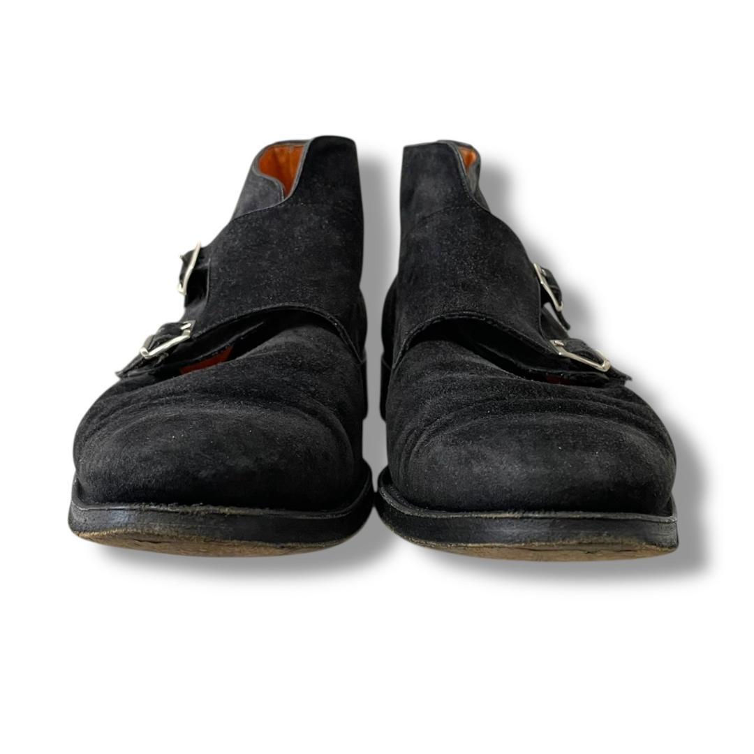 サントー二　スエード　ダブルモンク　ブラック　ビジネスシューズ