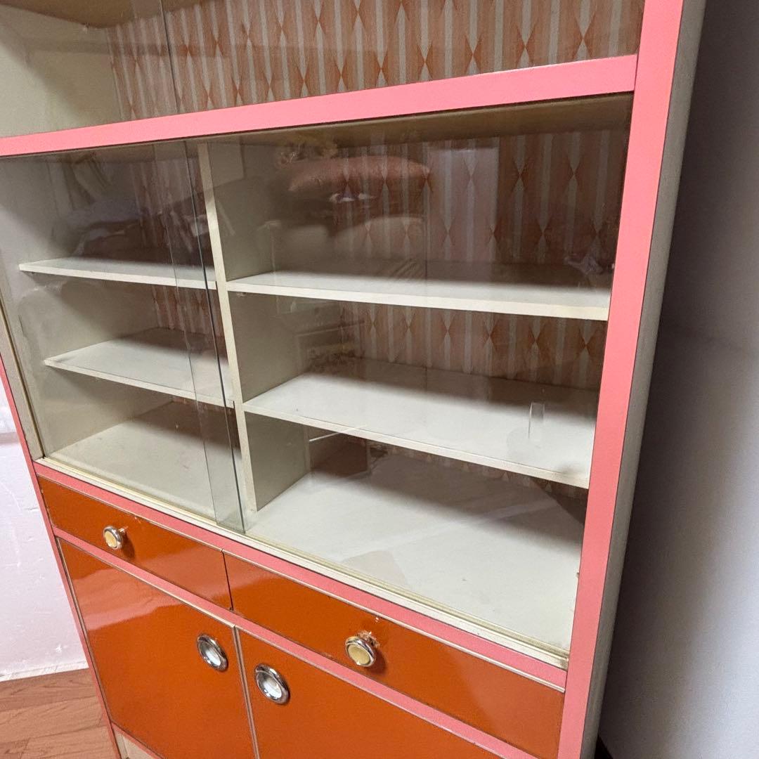 昭和レトロポップ食器棚　オレンジ　ガラス棚