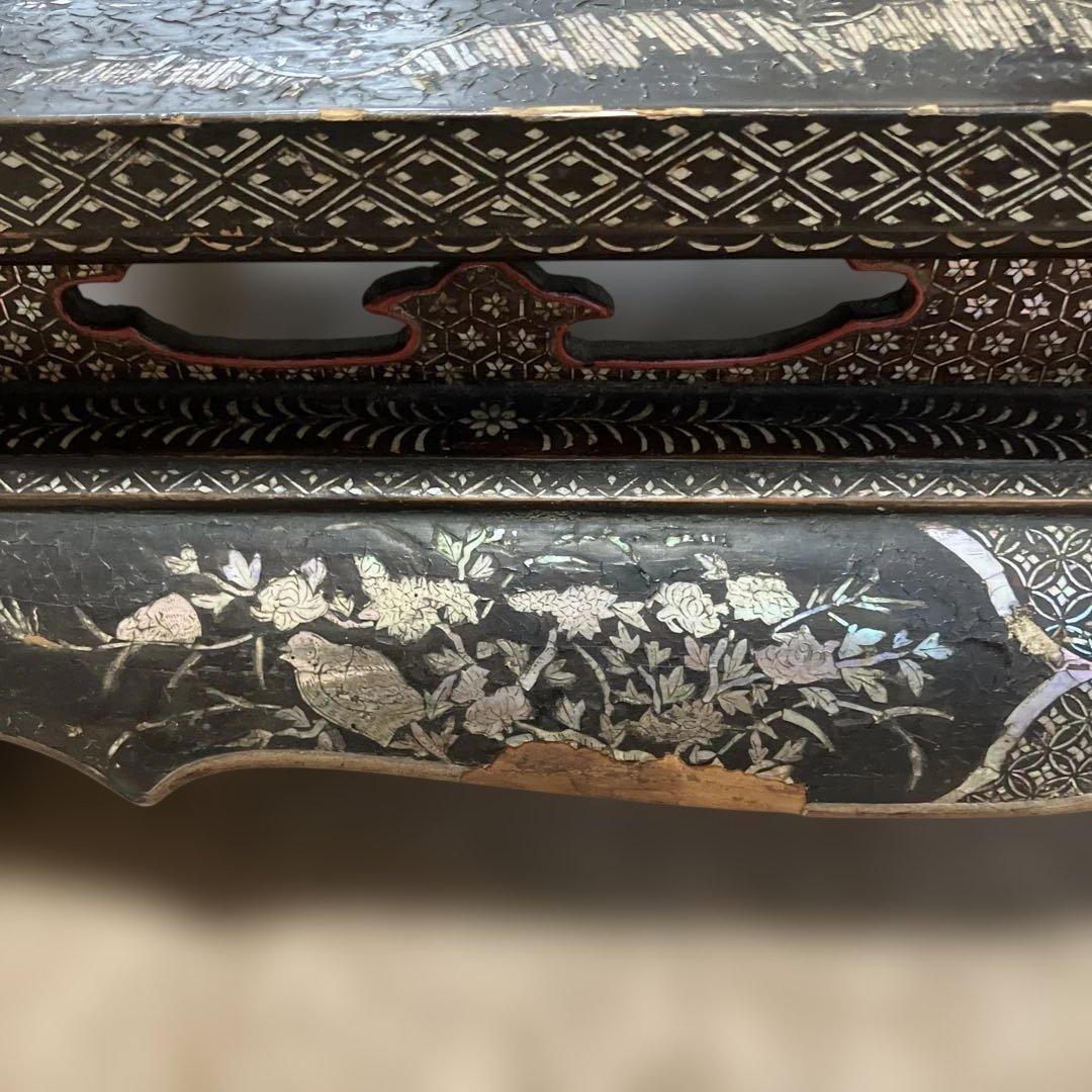 螺鈿細工　平卓　香炉台　花台　飾り台　木製　中国古玩　唐物　人物　骨董品