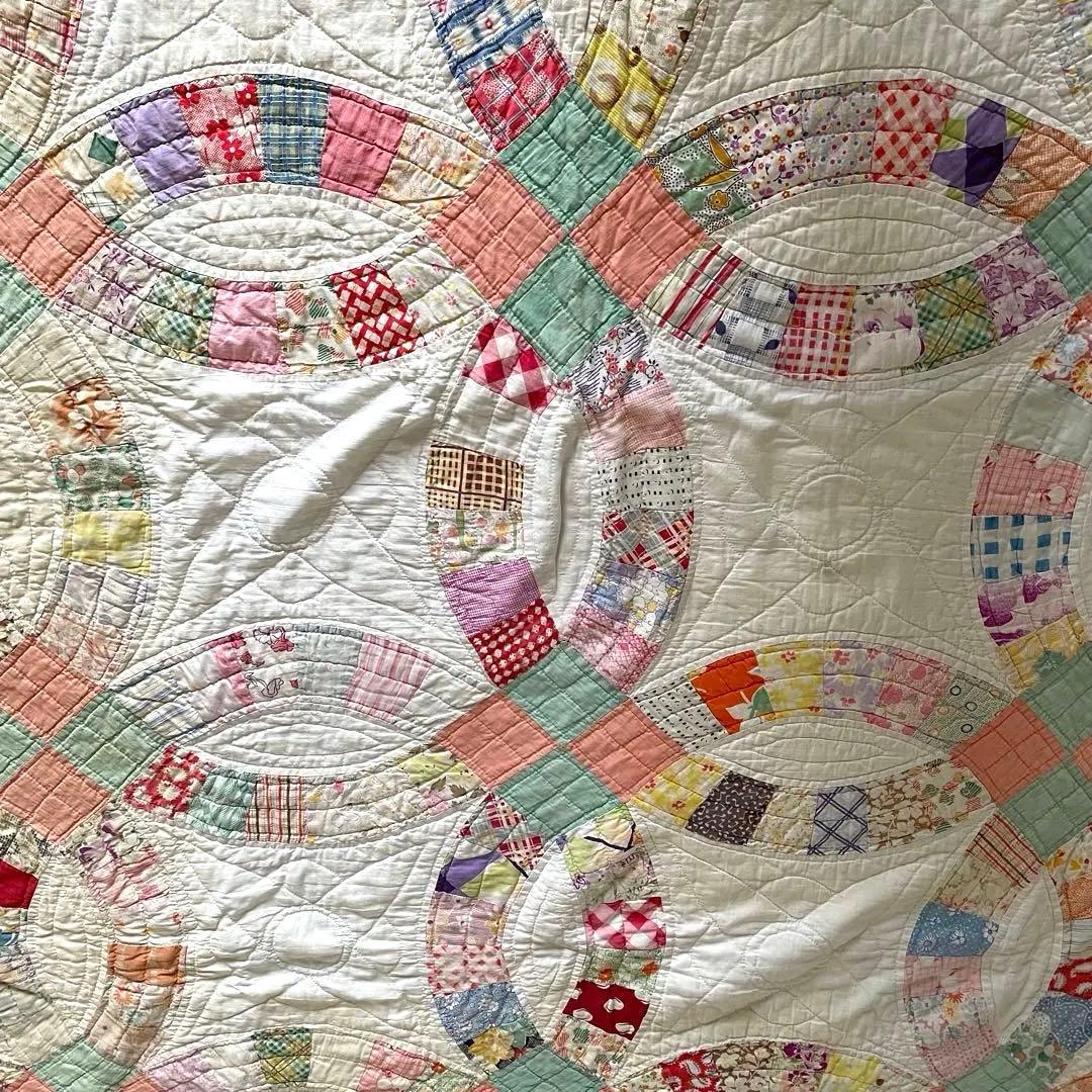 アンティークキルトビンテージ　パッチワークダブルウェディング　フィードサック