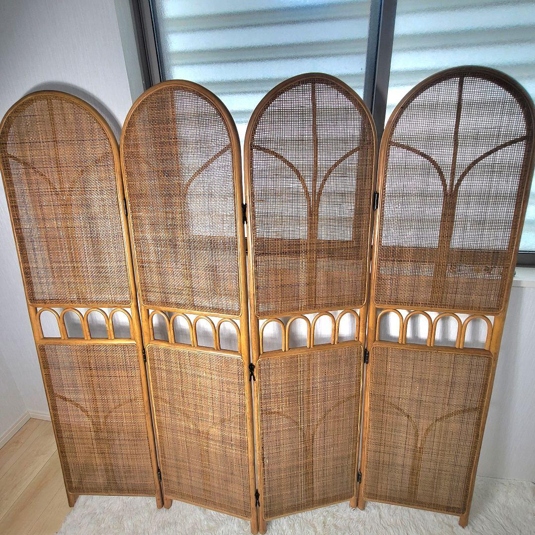 【引取限定】籐 ラタン 4連パーテーション 昭和レトロ 籐　間仕切り　衝立
