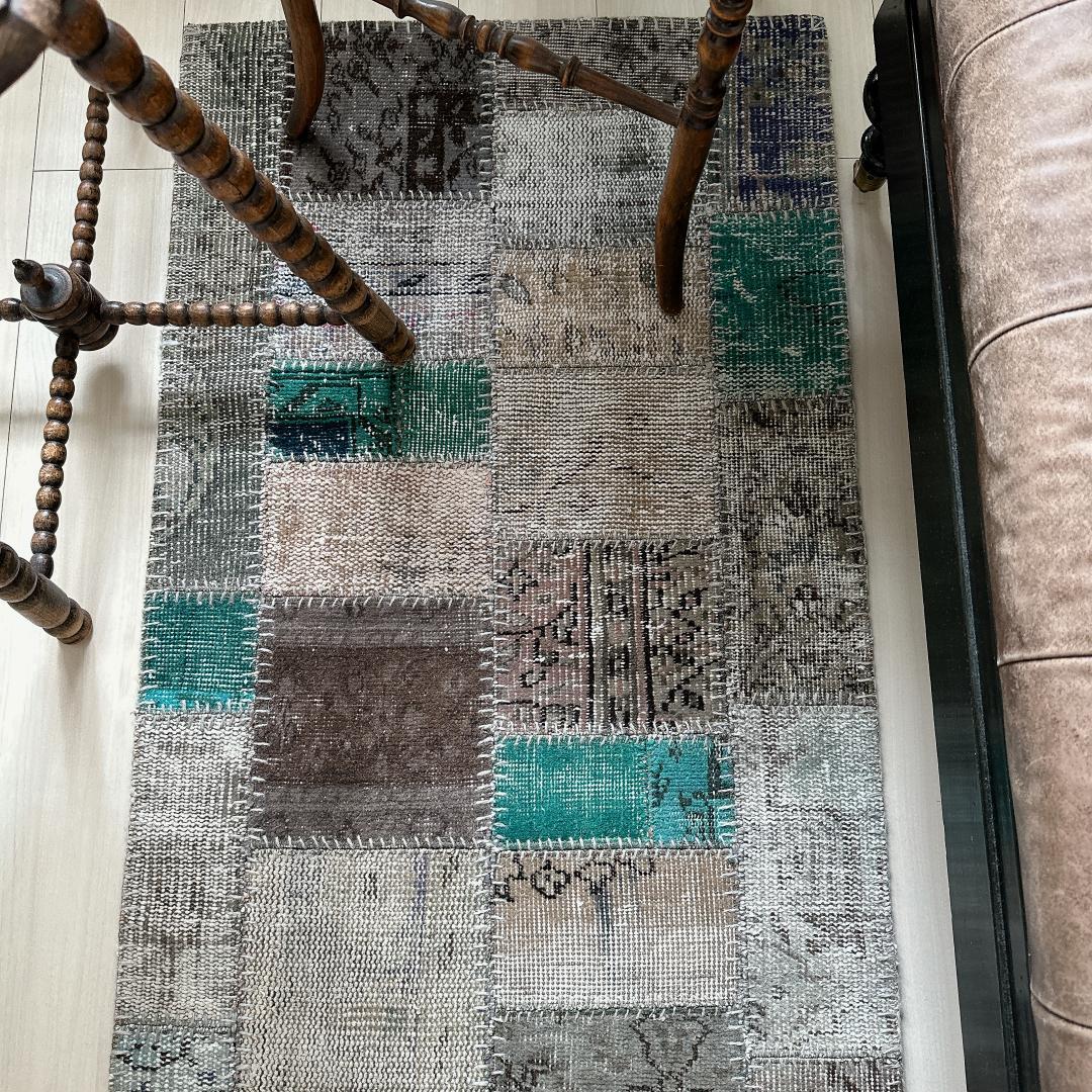 トルコ ヴィンテージラグ A29 高級 レア ターコイズ グレー パッチワーク