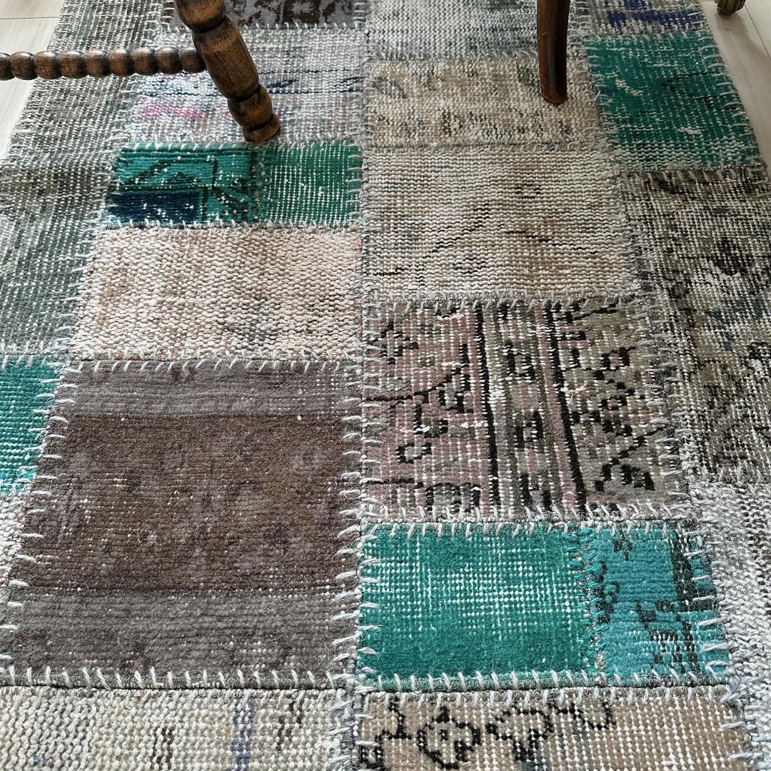 トルコ ヴィンテージラグ A29 高級 レア ターコイズ グレー パッチワーク
