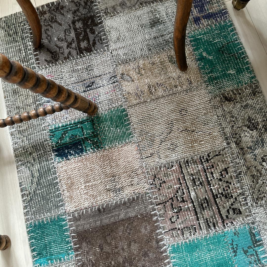 トルコ ヴィンテージラグ A29 高級 レア ターコイズ グレー パッチワーク