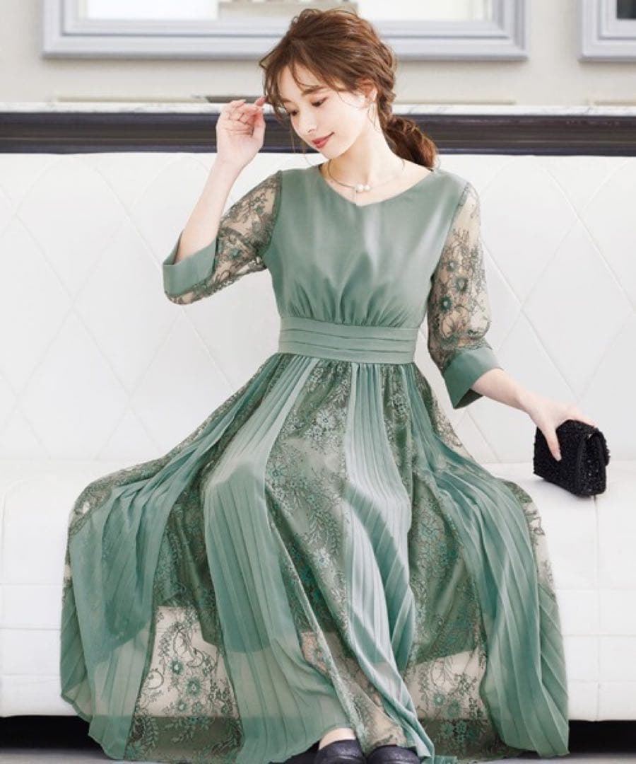 プリーツ×レース 7分袖結婚式ワンピースドレス成人式同窓会二次会　Mさいず 緑