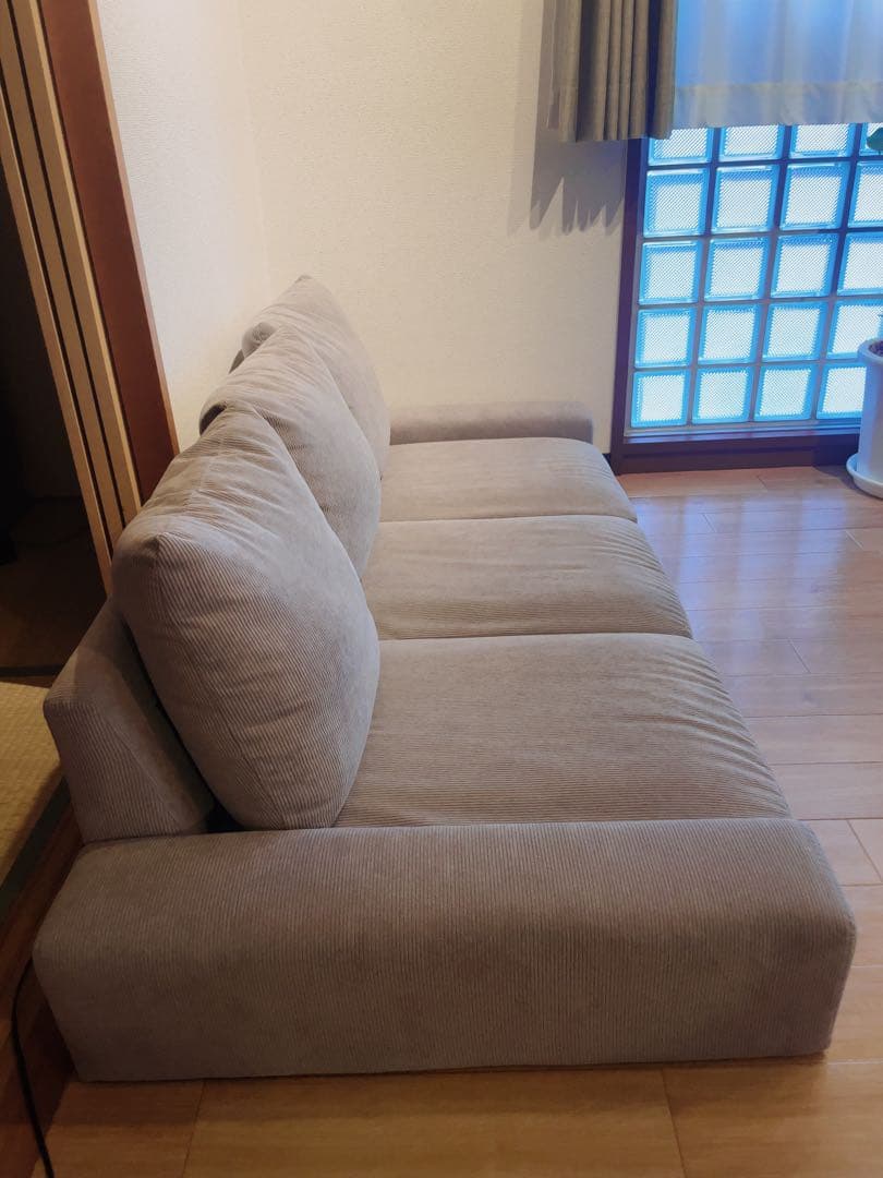 【ほぼ新品】ローソファ コーデュロイ「Lenne レンネ」3人掛け グレージュ