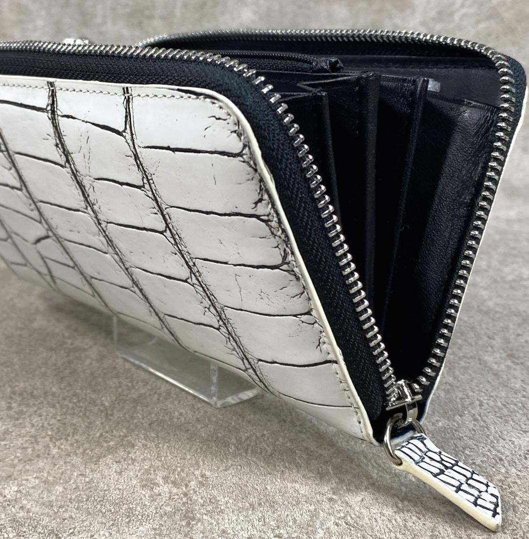 【未使用】 クロコダイル ワニ革 ラウンドファスナー 長財布 目地染 ホワイト