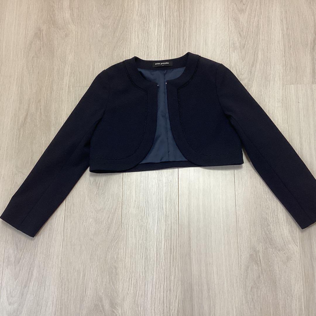 ポンポネットS/140 受験 卒服 グレーワンピ　紺ボレロ ブローチ3点セット