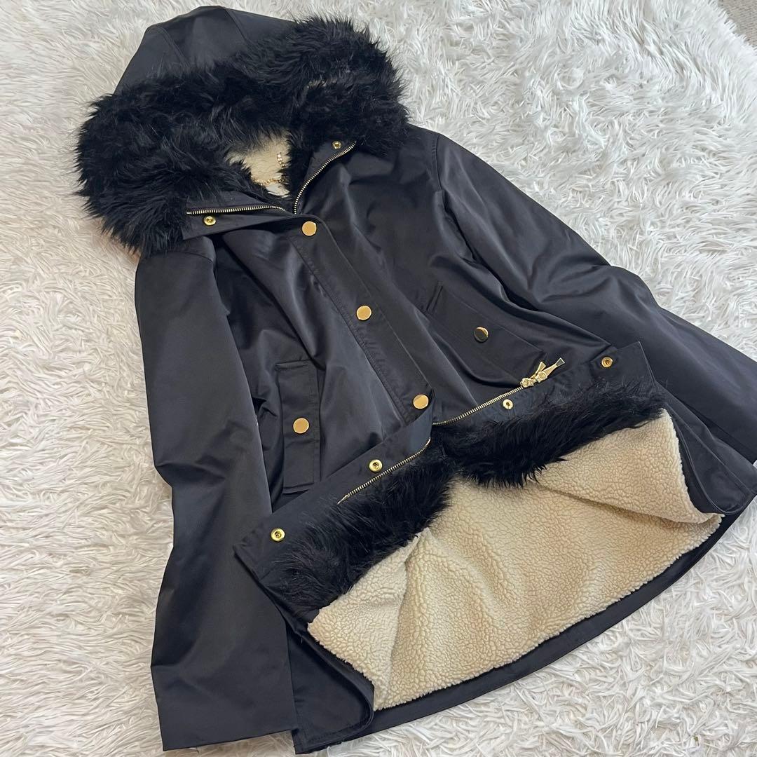 美品 ケイトスペード モッズコート 裏ボア ファー付き アウター 黒