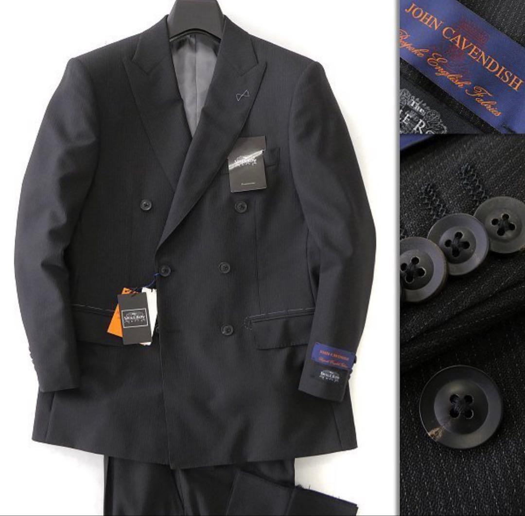 【新品】サヴィルロウ 英国 ウール ストライプ ダブルスーツ YA6 濃灰