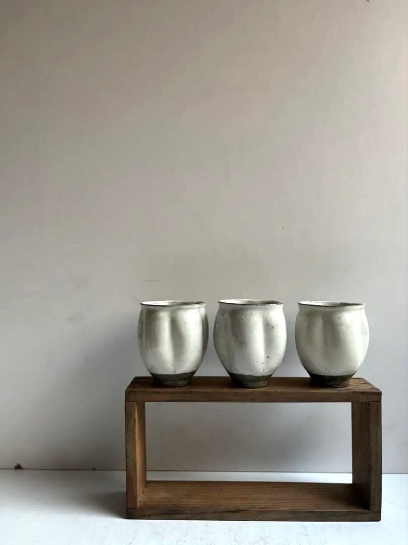 777 民芸 民陶 唐津焼 中里隆 粉引 瓜型湯呑み 3点組 美品