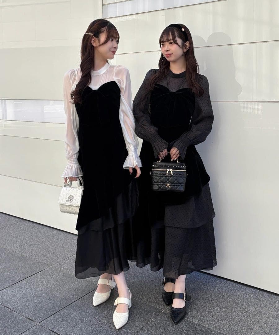 新品 NICE CLAUP オケージョン ベロアリボン異素材ロングワンピース