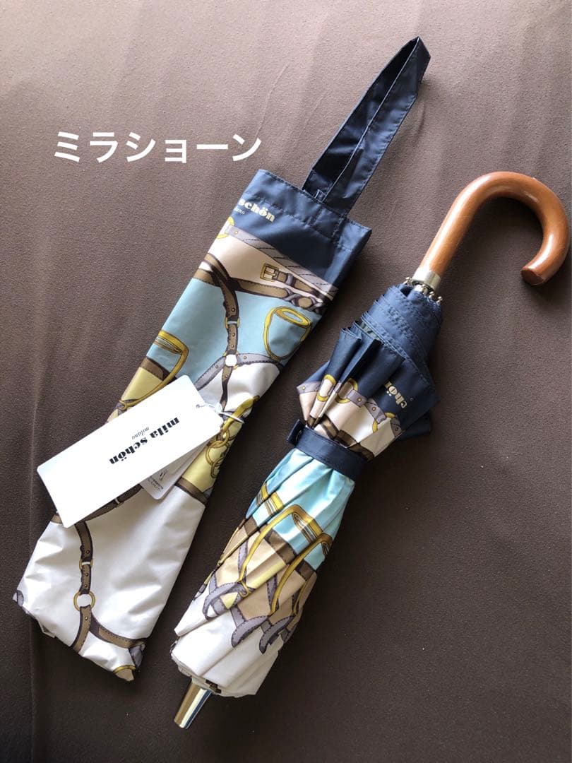 新品　Mila Schon 晴雨兼用傘　折りたたみ日傘　ベルト柄　ベルトブルー