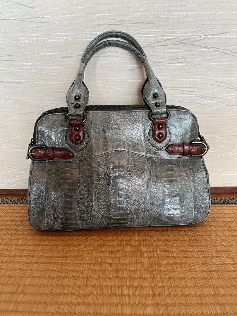 【希少】本革 オーストリッチレッグ パッチワーク ハンドバッグ グレー系