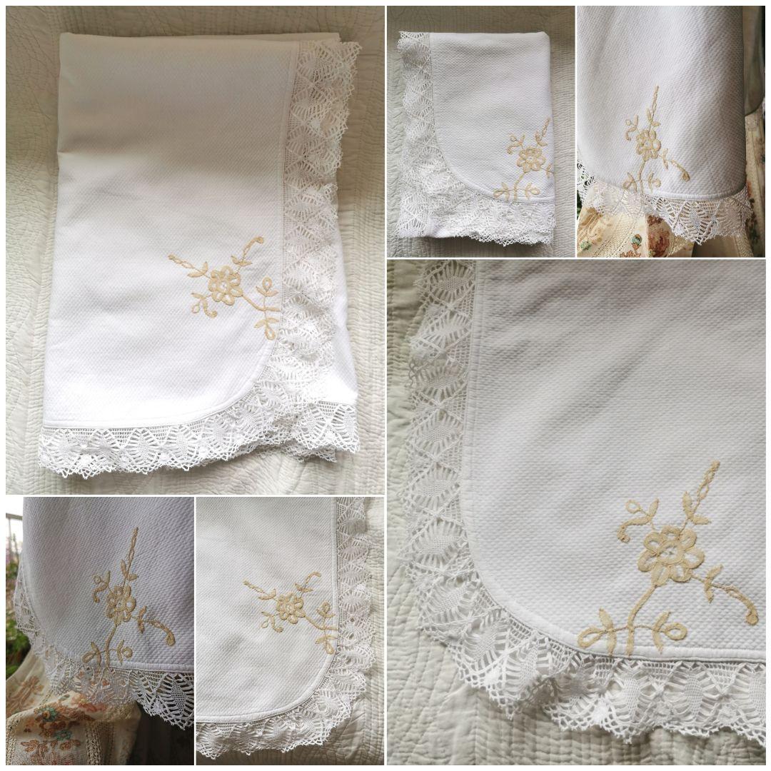 アンティークフランス ピケドプロヴァンス ボビンレース刺繍＆フリル付ブランケット