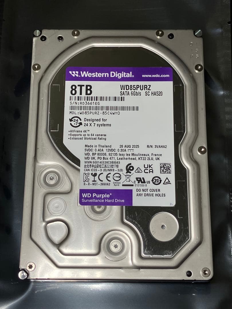 ウェスタンデジタル 8TB パープル 5640RPM WD 2025年製