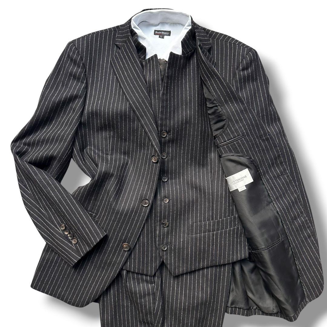 極美品 メンズティノラス スリーピース セットアップ ストライプ L ウール 黒