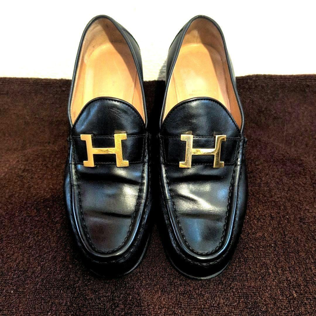 サイズ37 HERMES ブラック ローファー 金具Hロゴ