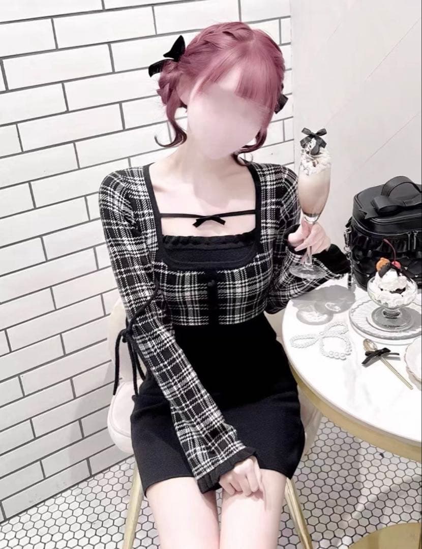 【新品タグ付き】honey mewチェックリボンドッキングワンピースフリーサイズ