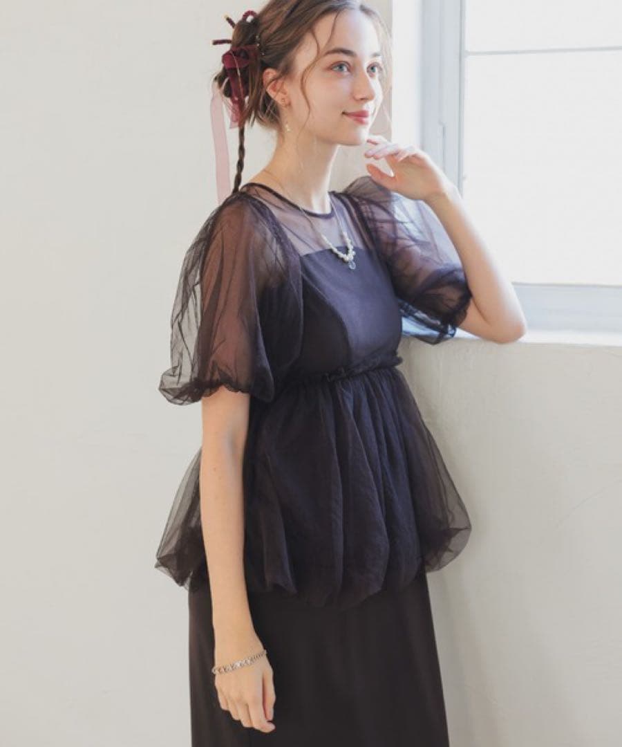 新品　Dorry Doll バルーンチュールレイヤードドレス　ブラウン　M