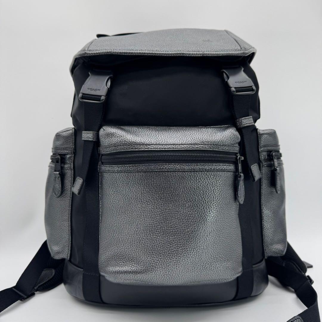 極美品✨コーチ リュック トレック A4 レザー×ナイロン 黒×銀